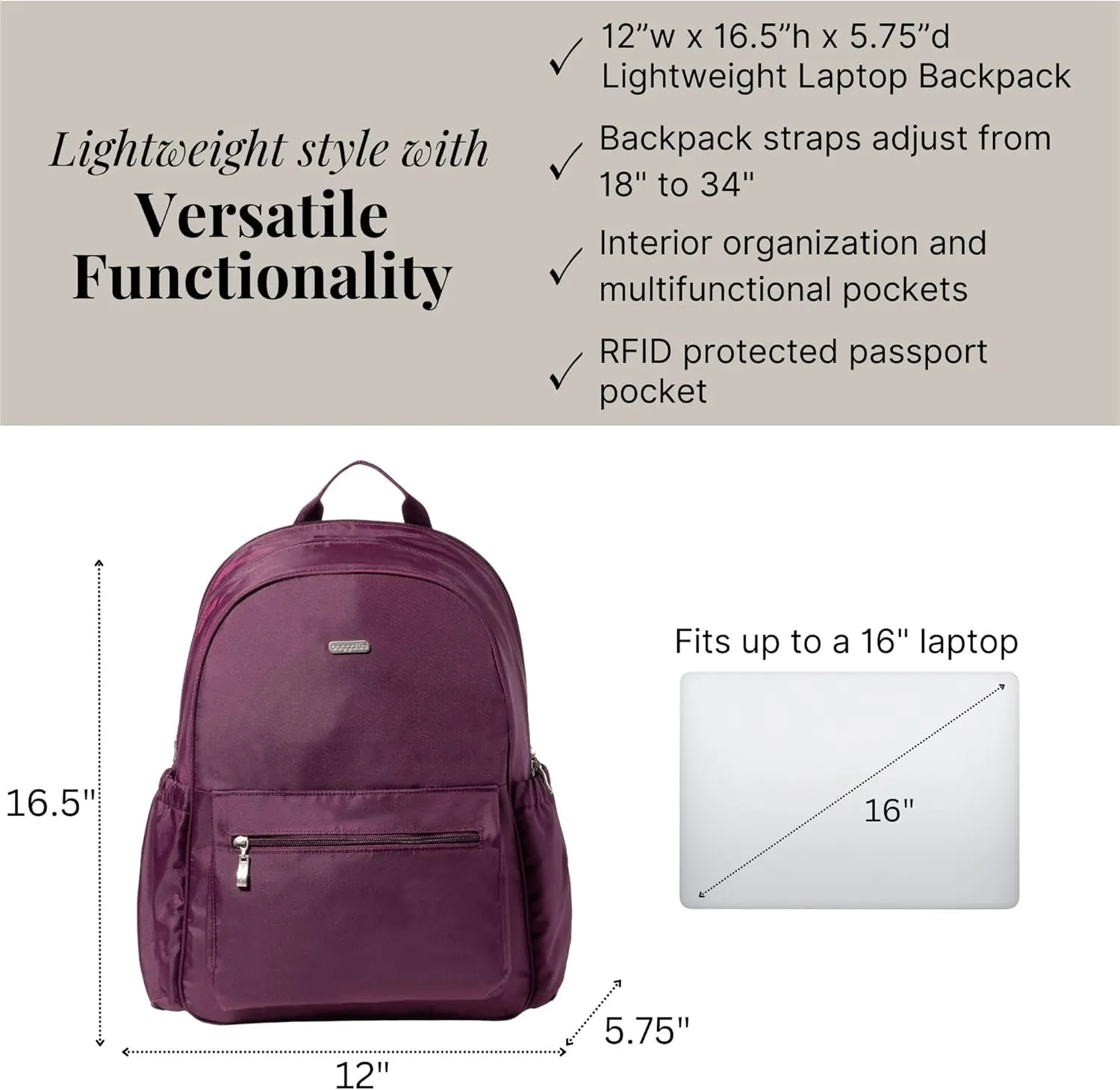 Baggallini Essential Laptop Backpack - 16x12 Inch Travel Backpack with 16" Laptop Sleeve - Lightweight Luggage Backpack