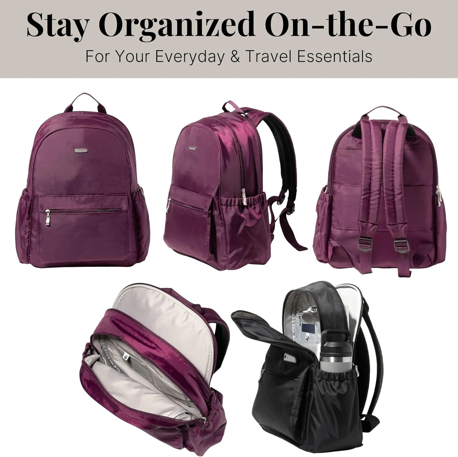 Baggallini Essential Laptop Backpack - 16x12 Inch Travel Backpack with 16" Laptop Sleeve - Lightweight Luggage Backpack
