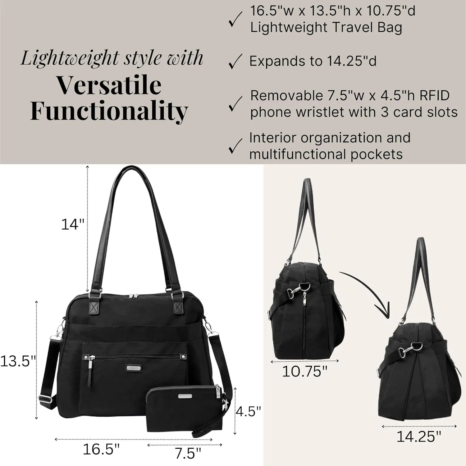 Baggallini Overnight Expandable Laptop Tote - Lightweight Travel Bag for Women