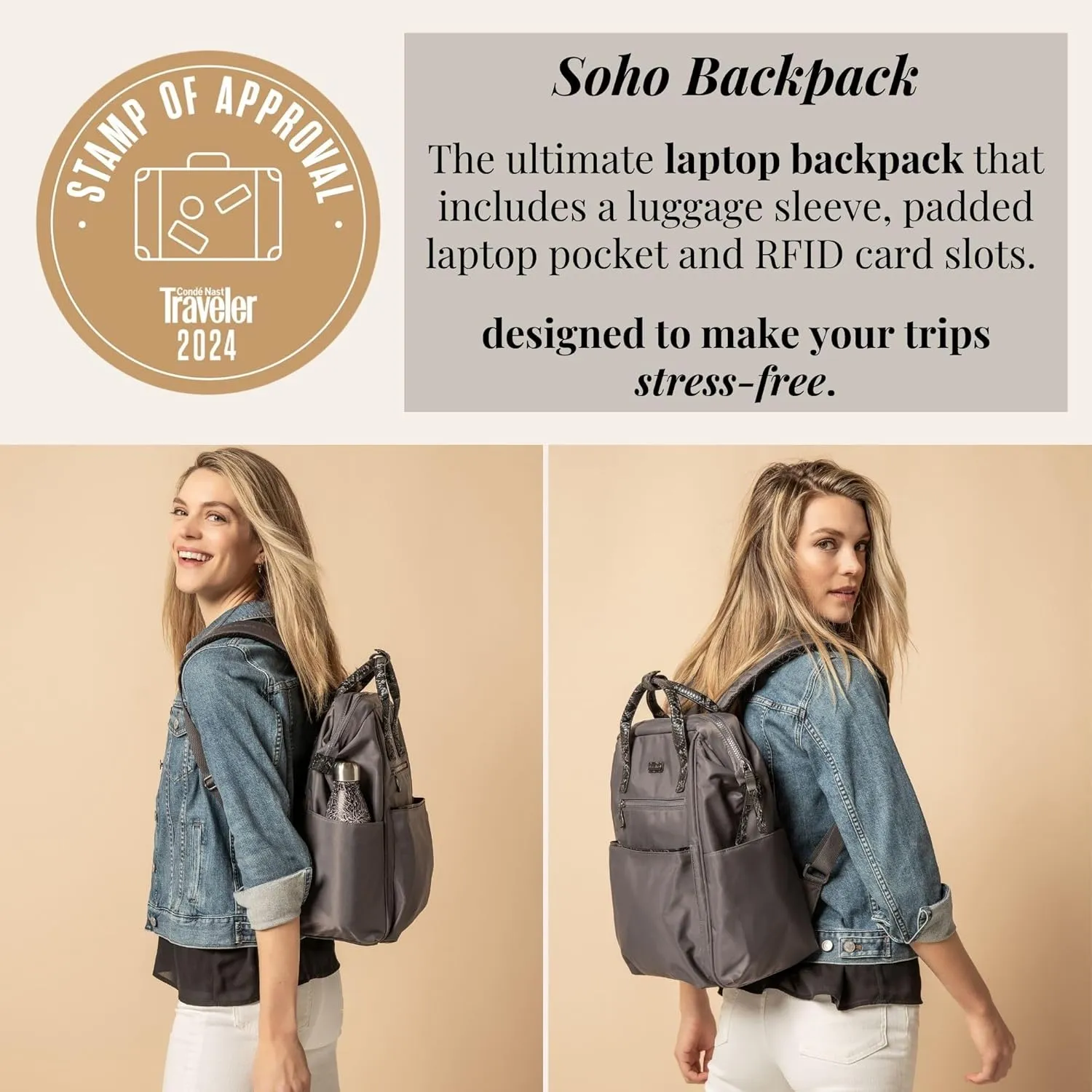Baggallini Soho Backpack - Travel Laptop Backpack for Women - Lightweight Water-Resistant Luggage Bag, Smoke/Faux Python