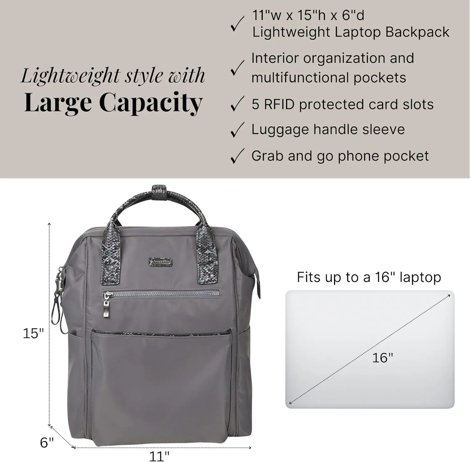 Baggallini Soho Backpack - Travel Laptop Backpack for Women - Lightweight Water-Resistant Luggage Bag, Smoke/Faux Python