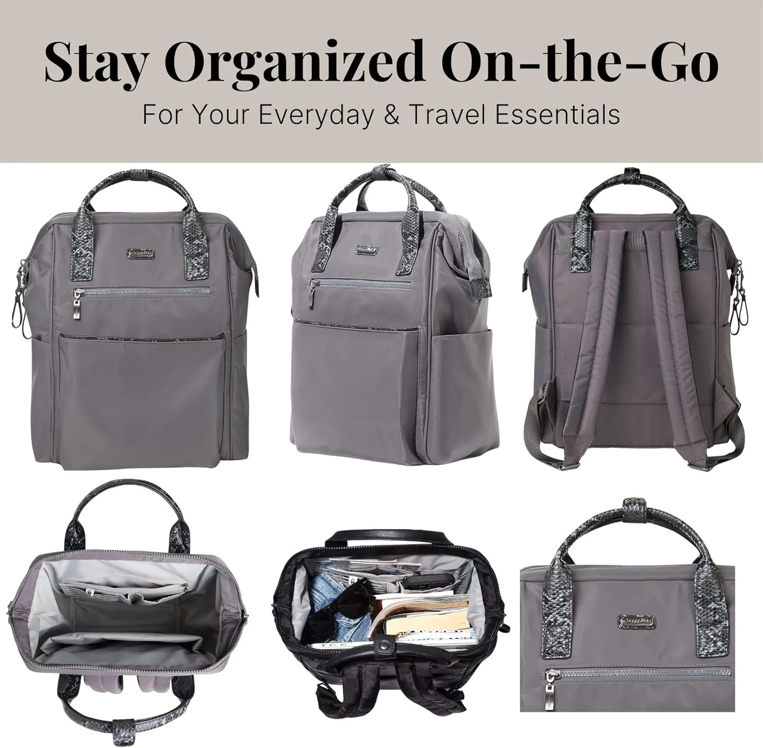 Baggallini Soho Backpack - Travel Laptop Backpack for Women - Lightweight Water-Resistant Luggage Bag, Smoke/Faux Python
