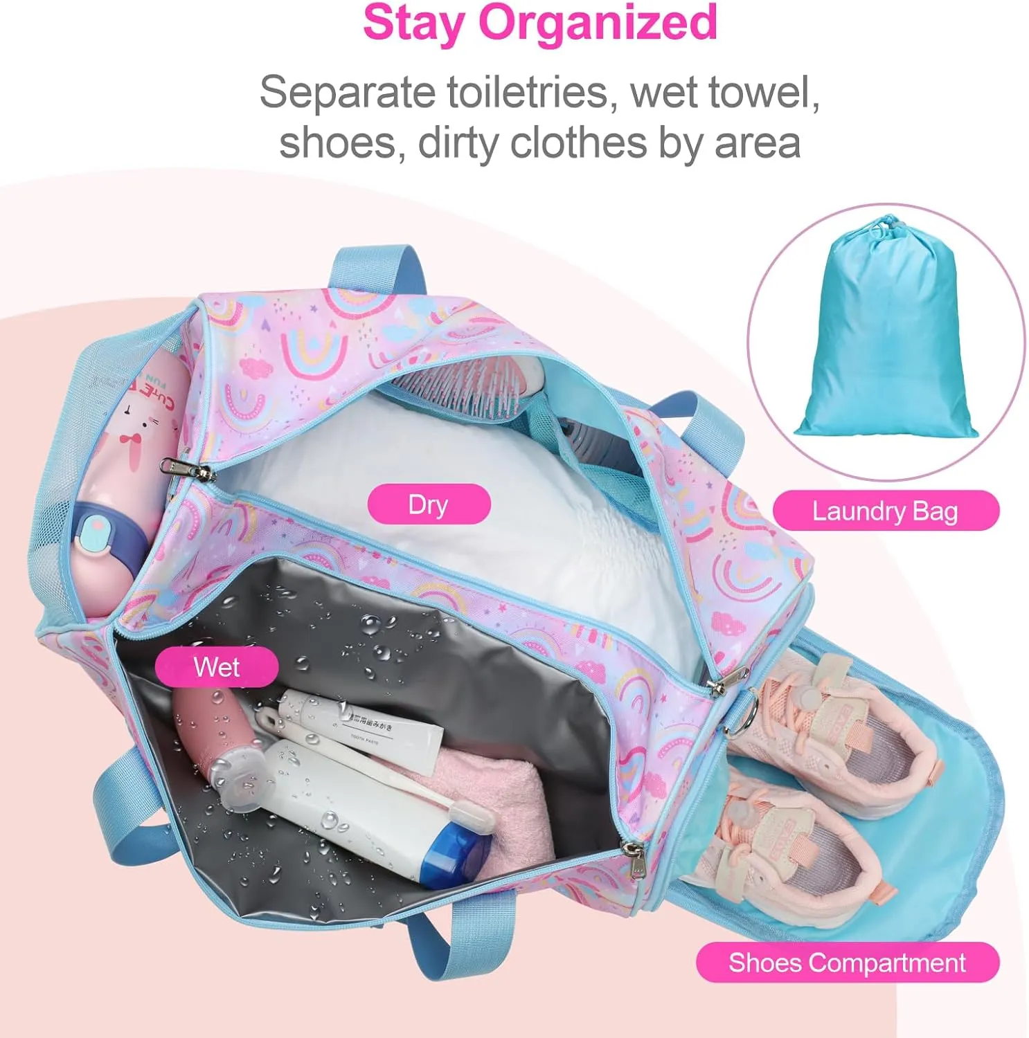 Bagseri Dance Bag for Girls - Ballet Duffle With Shoes Compartment for Kids Above 6yr, Overnight Travel Sleepover Bag With Dry Wet Separation Pockets