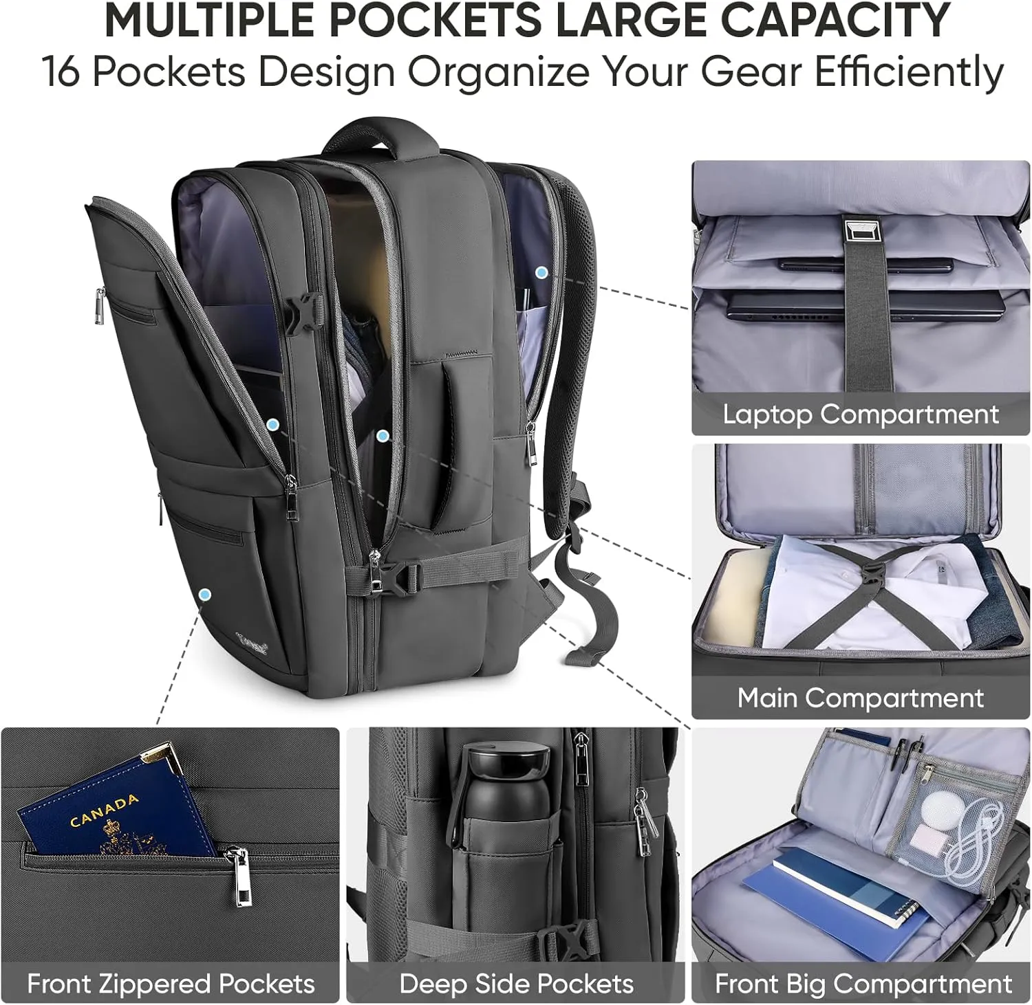 BALEINE Travel Backpack for Women Men, Large Sturdy Carry On Laptop Backpack Gifts for Business, Casual, Weekender, Hiking (XL, Black)