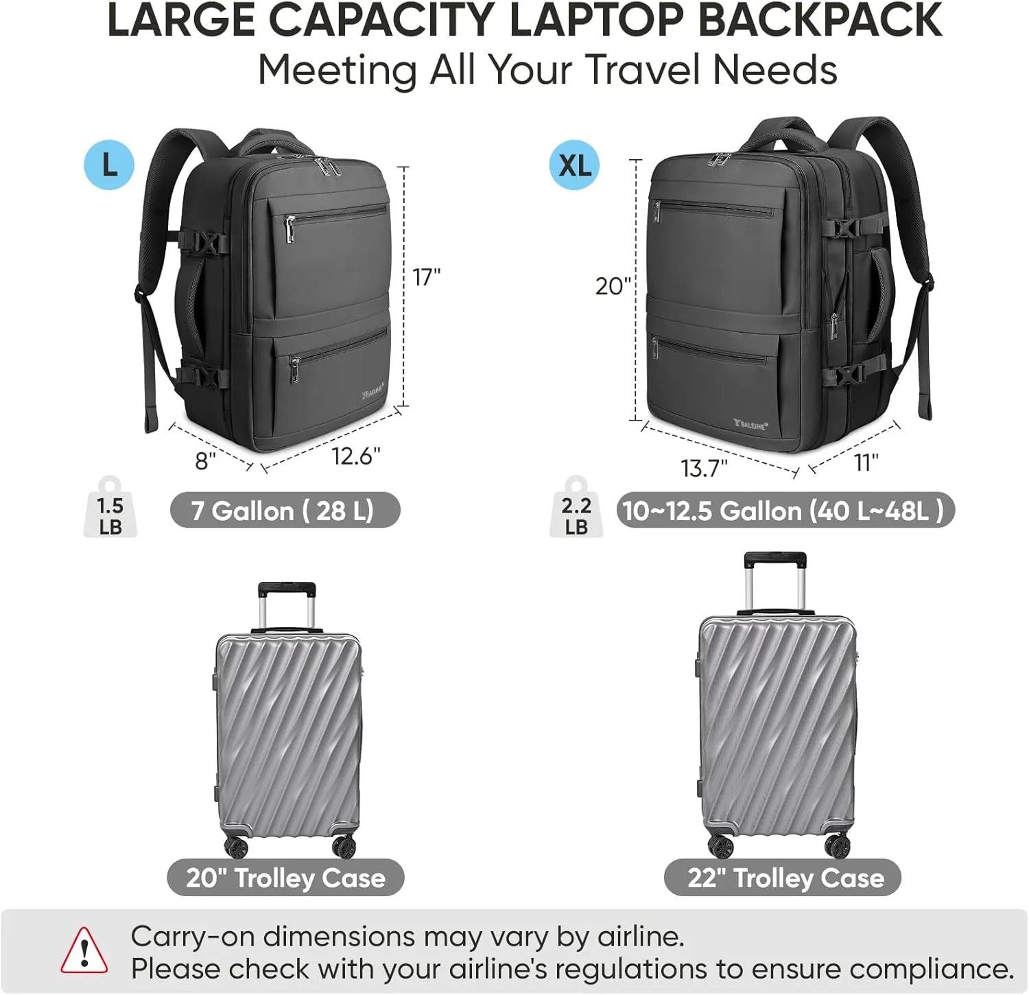 BALEINE Travel Backpack for Women Men, Large Sturdy Carry On Laptop Backpack Gifts for Business, Casual, Weekender, Hiking (XL, Black)