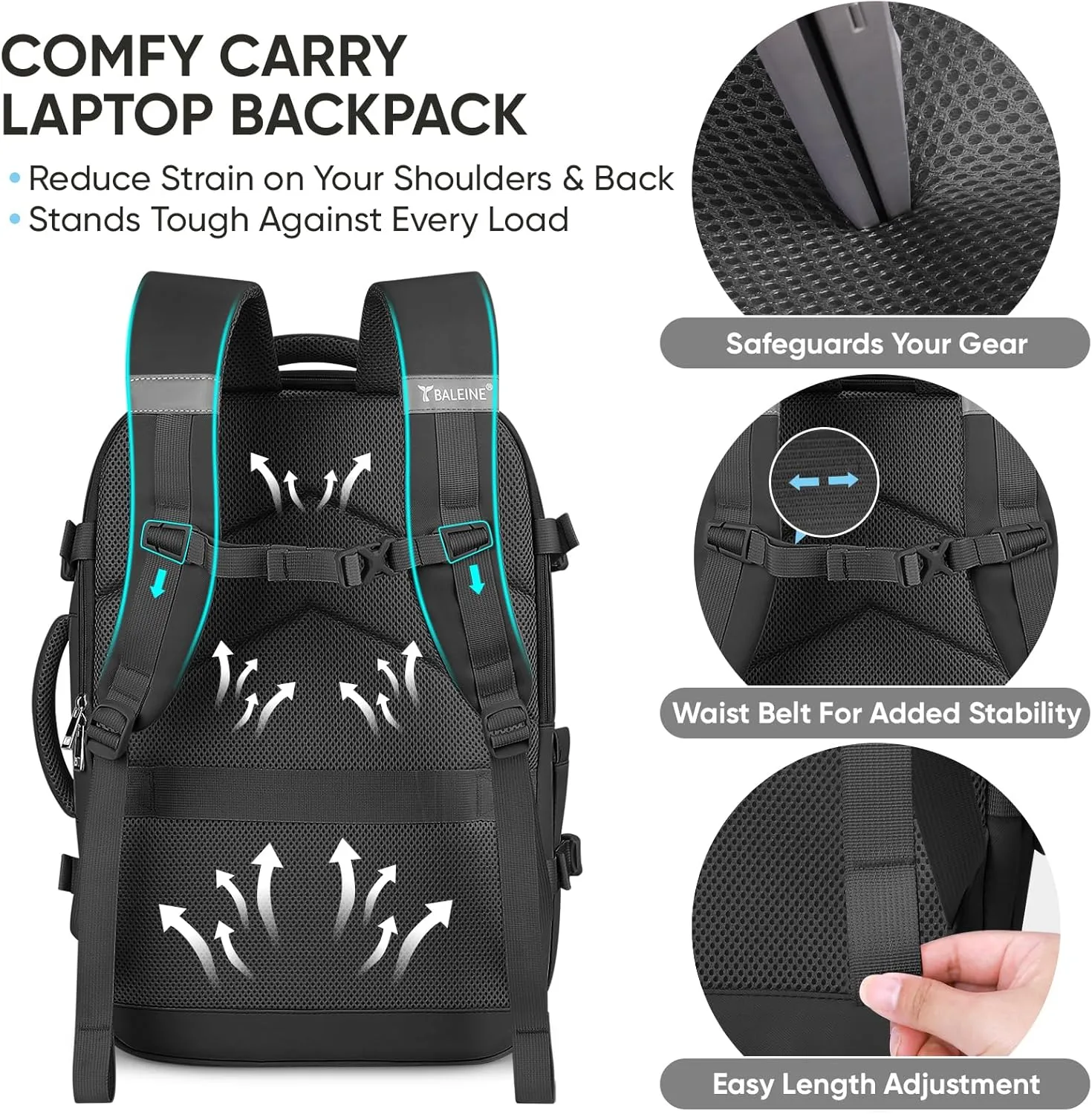 BALEINE Travel Backpack for Women Men, Large Sturdy Carry On Laptop Backpack Gifts for Business, Casual, Weekender, Hiking (XL, Black)
