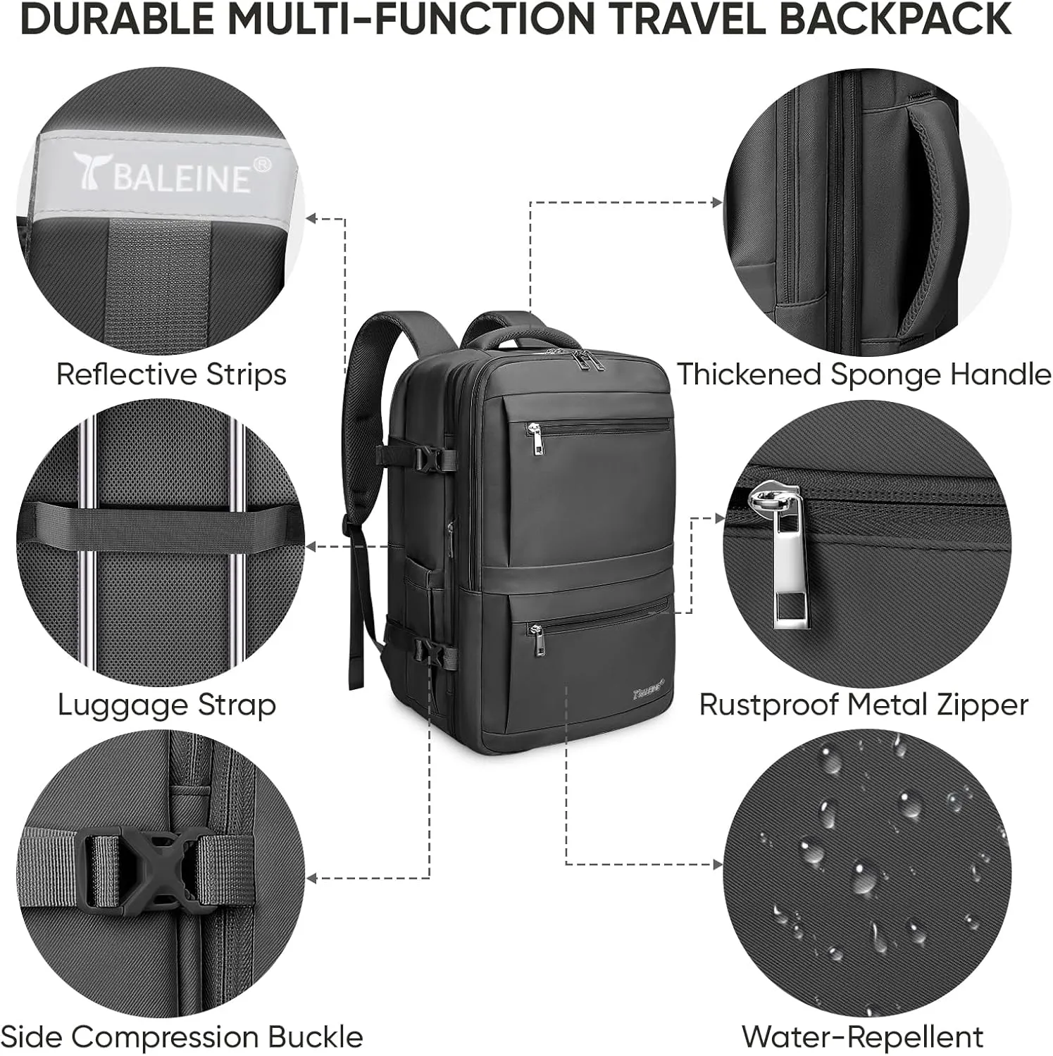 BALEINE Travel Backpack for Women Men, Large Sturdy Carry On Laptop Backpack Gifts for Business, Casual, Weekender, Hiking (XL, Black)