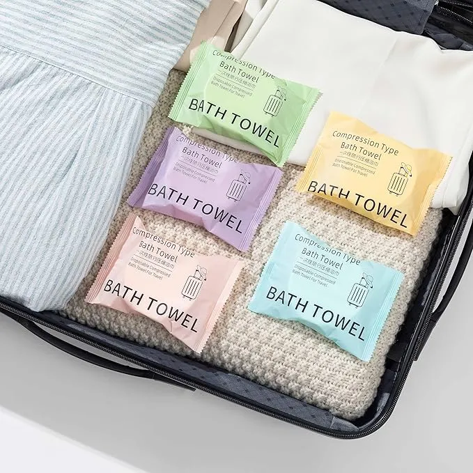 Bamsod 5 PCS Disposable Large Bath Towel 55x27'' Compressed & Disposable Ideal for Home, Camping, Office, and more includes Cooling Towel Perfect for Backpacks, Diaper Bags, and Hiking (Yellow)