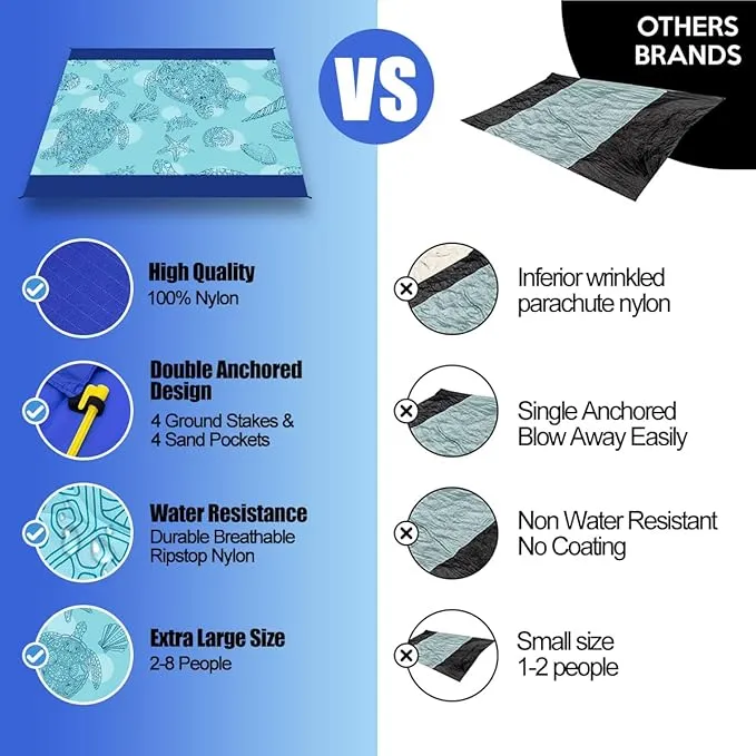 Beach Blanket Waterproof Sandproof Beach Mat Oversized 79" X 83" with 4 Stakes for 2-8 Adults, Soft and Durable, Sand Free, Light Weight, Perfect for Beach Travel Camping Outdoor Hiking