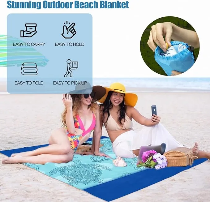 Beach Blanket Waterproof Sandproof Beach Mat Oversized 79" X 83" with 4 Stakes for 2-8 Adults, Soft and Durable, Sand Free, Light Weight, Perfect for Beach Travel Camping Outdoor Hiking