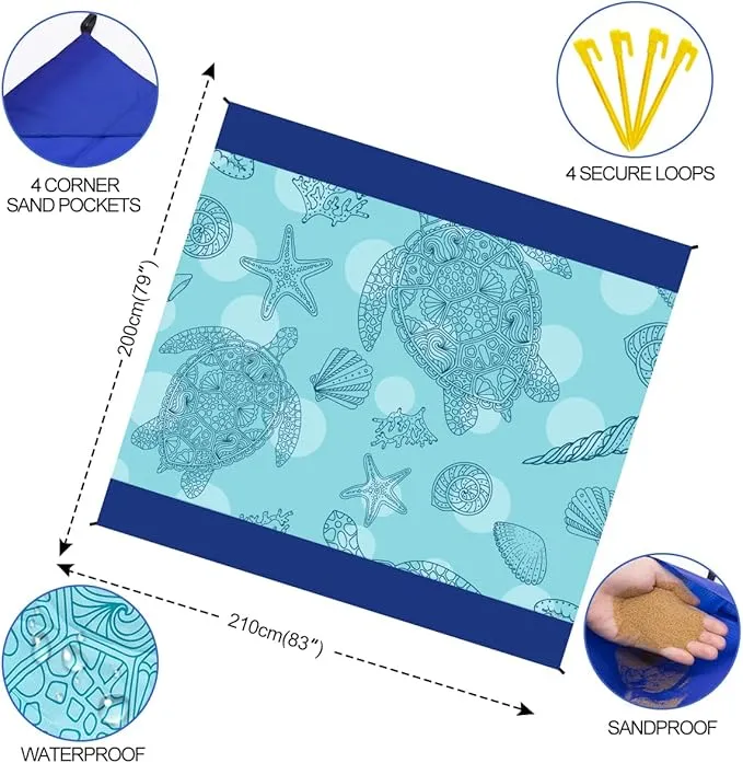 Beach Blanket Waterproof Sandproof Beach Mat Oversized 79" X 83" with 4 Stakes for 2-8 Adults, Soft and Durable, Sand Free, Light Weight, Perfect for Beach Travel Camping Outdoor Hiking