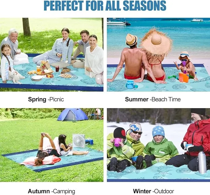 Beach Blanket Waterproof Sandproof Beach Mat Oversized 79" X 83" with 4 Stakes for 2-8 Adults, Soft and Durable, Sand Free, Light Weight, Perfect for Beach Travel Camping Outdoor Hiking