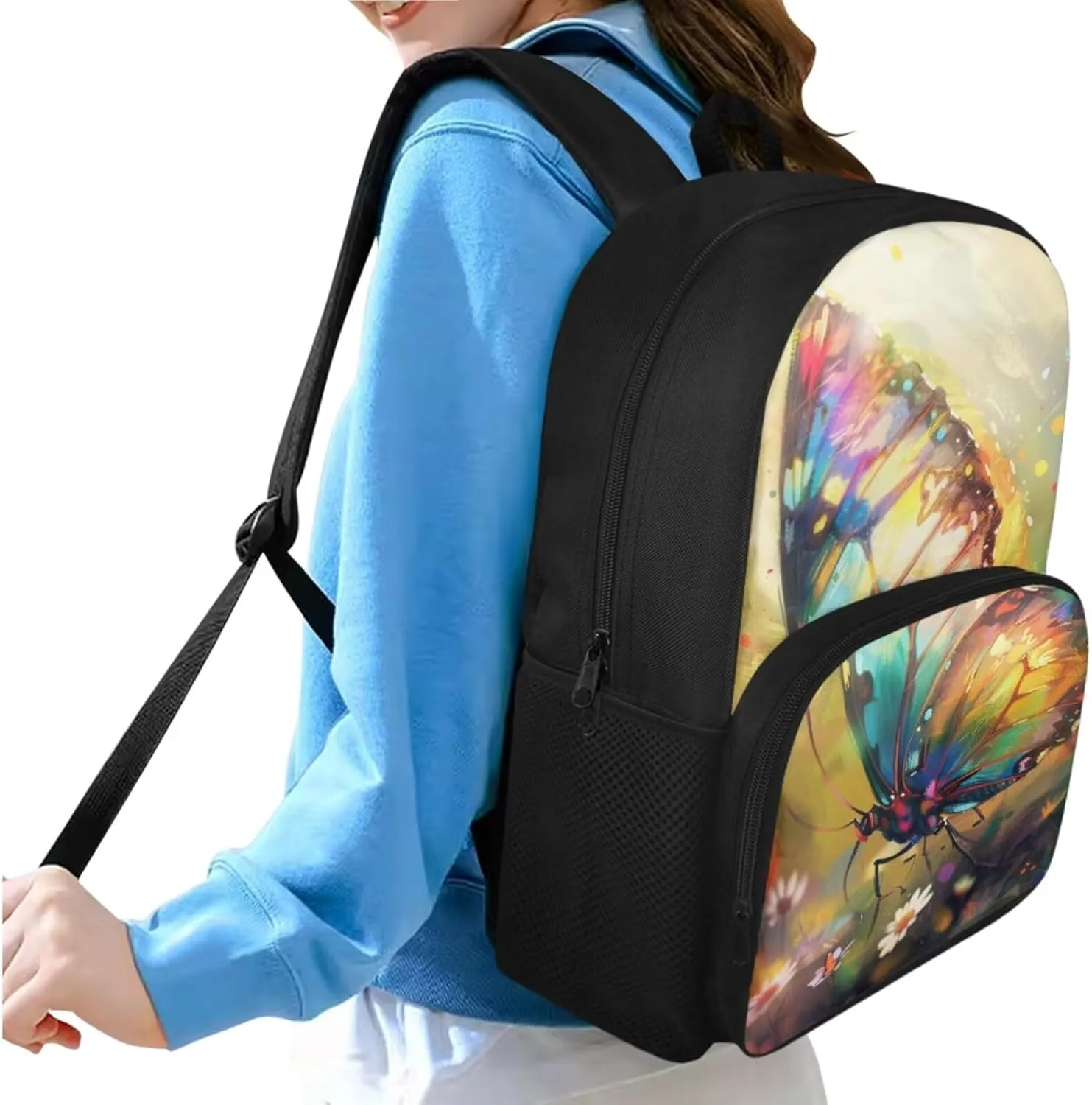 Beautiful Butterfly Preschool Backpack for Girls, 15 inch Bookbag with Large Front Pocket for Boys 8-12 Cute Backpack for Toddlers for Daily Shopping Day Trips and Short Travel
