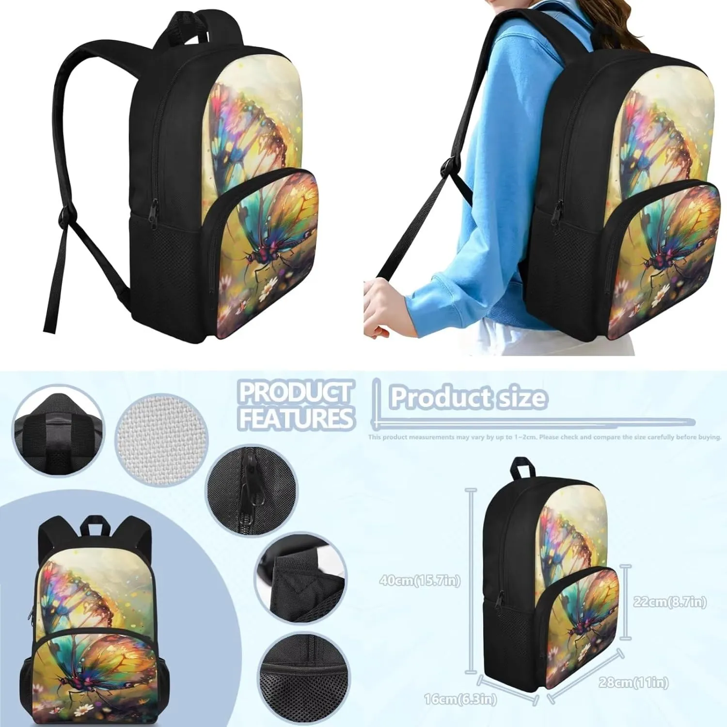Beautiful Butterfly Preschool Backpack for Girls, 15 inch Bookbag with Large Front Pocket for Boys 8-12 Cute Backpack for Toddlers for Daily Shopping Day Trips and Short Travel