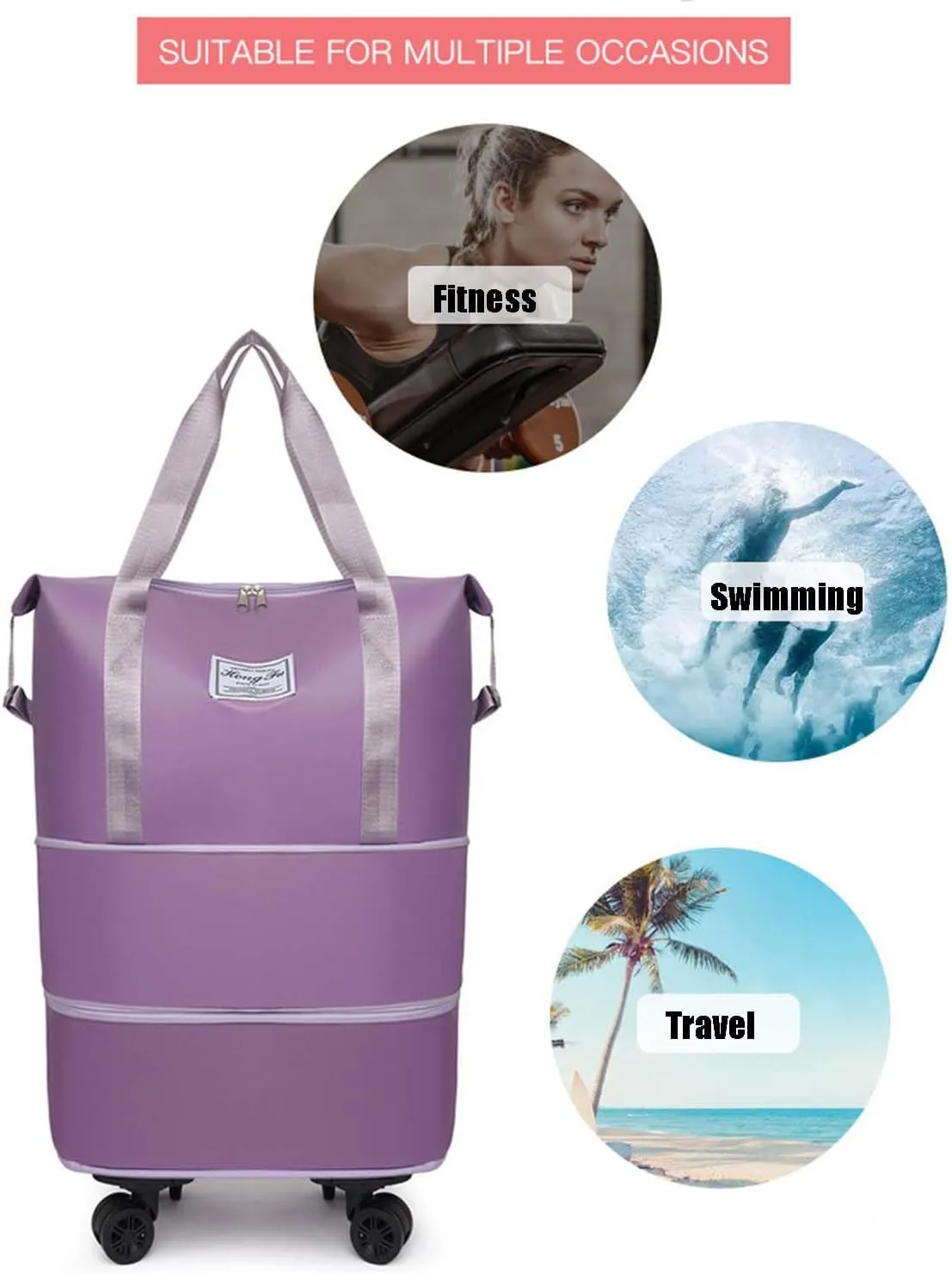 Beente Travel Bag with Wheels, Large Capacity Travel Bag, Universal Wheel Removable, Expandable Foldable Duffle Bag, Rolling with Wheels (Pink)