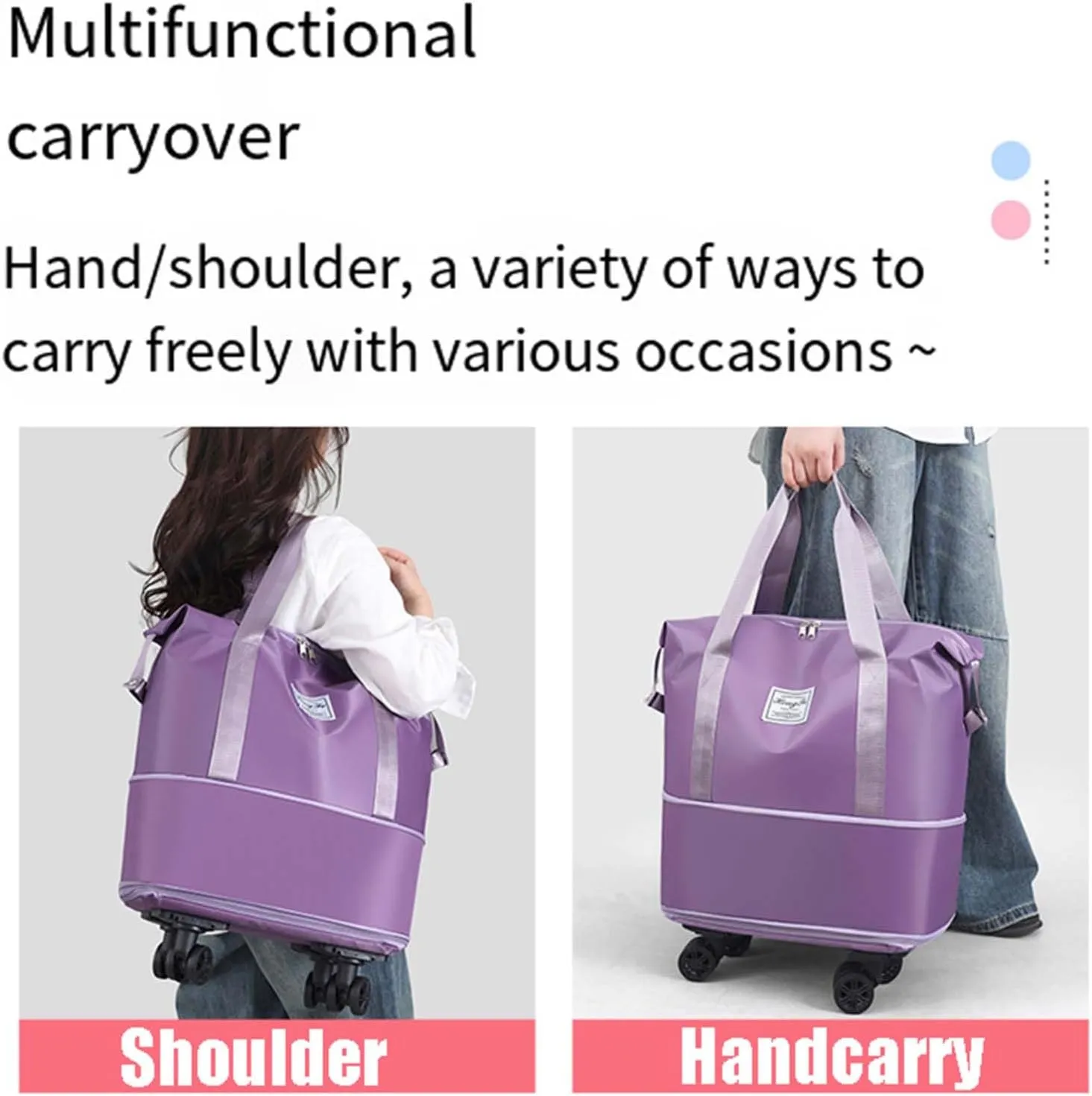 Beente Travel Bag with Wheels, Large Capacity Travel Bag, Universal Wheel Removable, Expandable Foldable Duffle Bag, Rolling with Wheels (Pink)