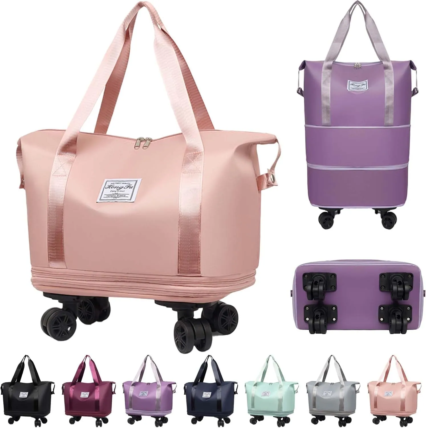 Beente Travel Bag with Wheels, Large Capacity Travel Bag, Universal Wheel Removable, Expandable Foldable Duffle Bag, Rolling with Wheels (Pink)