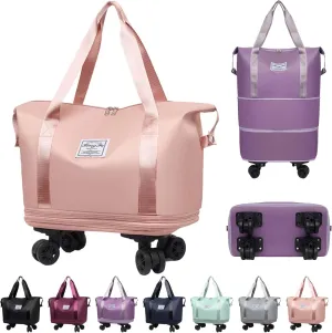 Beente Travel Bag with Wheels, Large Capacity Travel Bag, Universal Wheel Removable, Expandable Foldable Duffle Bag, Rolling with Wheels (Pink)