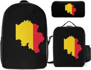 Belgian Map Flag 3Pcs Laptop Backpack Set 17 Inch Daypack with Lunch Bag Pencil Case Set for Travel Work