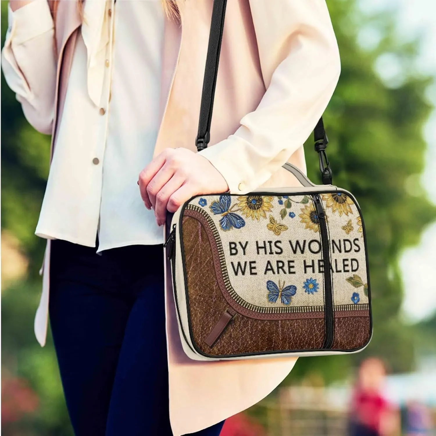 Bible Cover Case with Keychain Bible Carrying Case with Crossbody Strap Bible Book Bag Wristlet Lanyard Key Chain, by His Wounds We are Healed