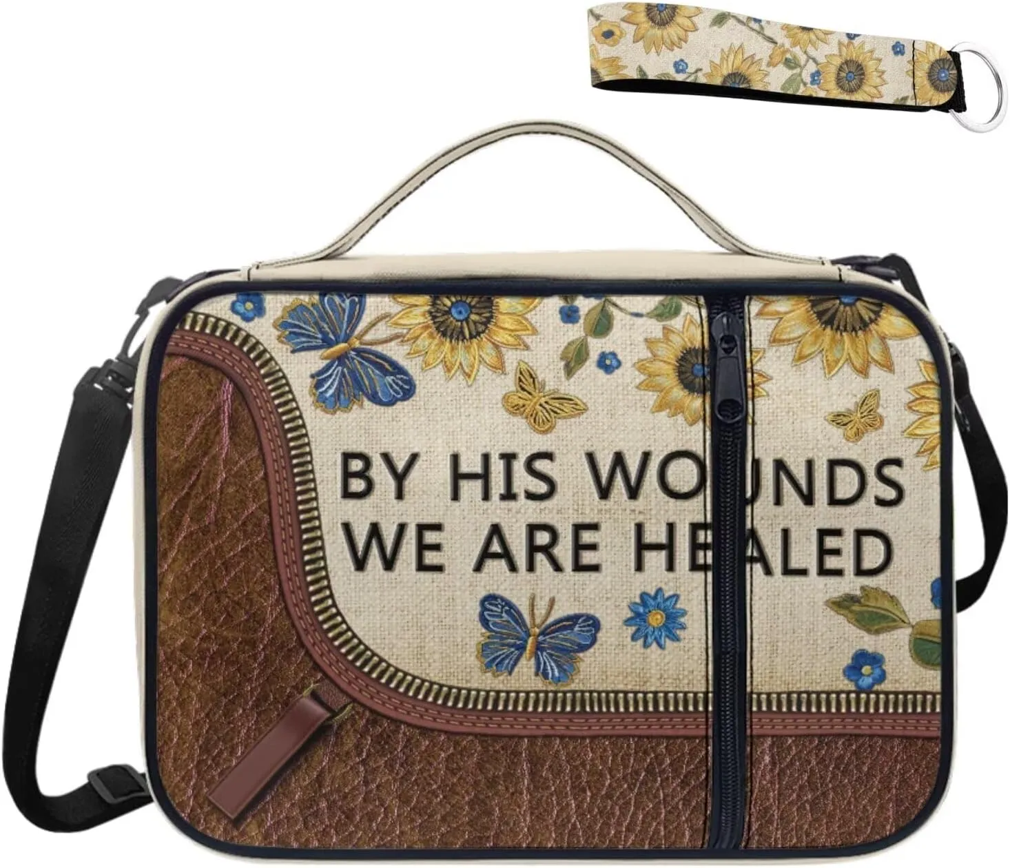 Bible Cover Case with Keychain Bible Carrying Case with Crossbody Strap Bible Book Bag Wristlet Lanyard Key Chain, by His Wounds We are Healed