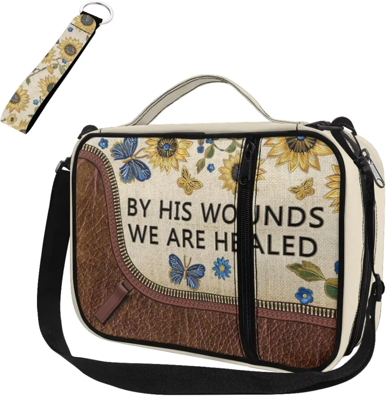Bible Cover Case with Keychain Bible Carrying Case with Crossbody Strap Bible Book Bag Wristlet Lanyard Key Chain, by His Wounds We are Healed