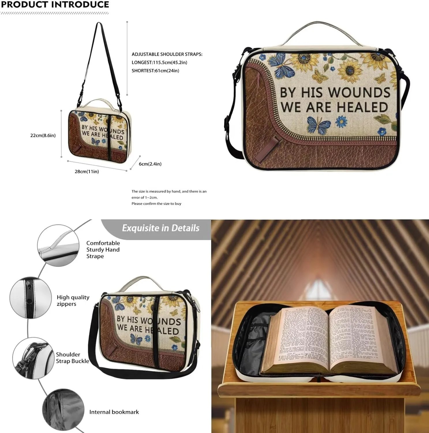 Bible Cover Case with Keychain Bible Carrying Case with Crossbody Strap Bible Book Bag Wristlet Lanyard Key Chain, by His Wounds We are Healed