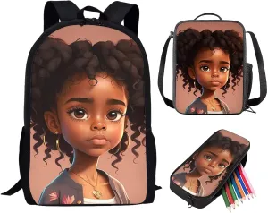 Black African Backpack for Girls with Lunch Box Afro Black Kids Bookbag Primary Elementary School Bag and Lunchbox Pencil Case Preppy Magic American Book Bag