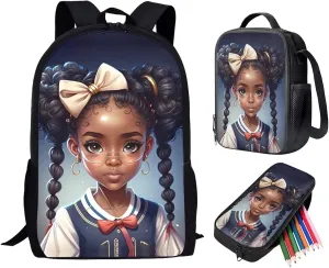 Black African School Backpack for Girls 10-12/8-10 Elementary School Bag with Lunch Box American Afro Bookbag for Kids 2Nd/3Rd/4Th/5Th Grade