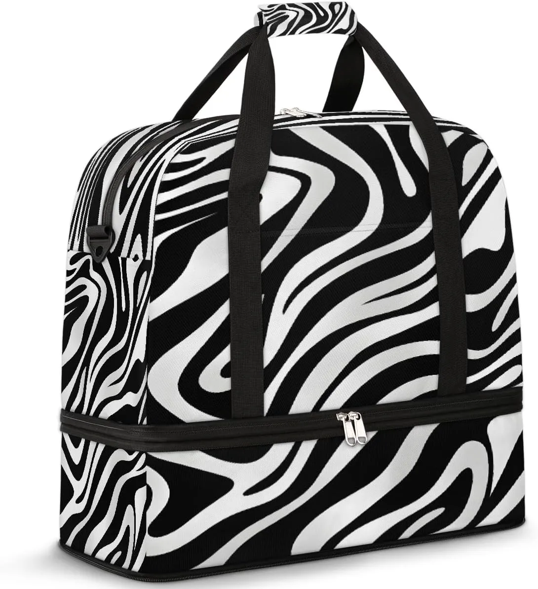Black And White Zebra Stripes Travel Duffle Bags With Shoes Compartment for Women Men Weekender Overnight Bag Foldable Sports Tote Gym Carry On Luggage Handlebag for Travel Yoga Hospital Workout