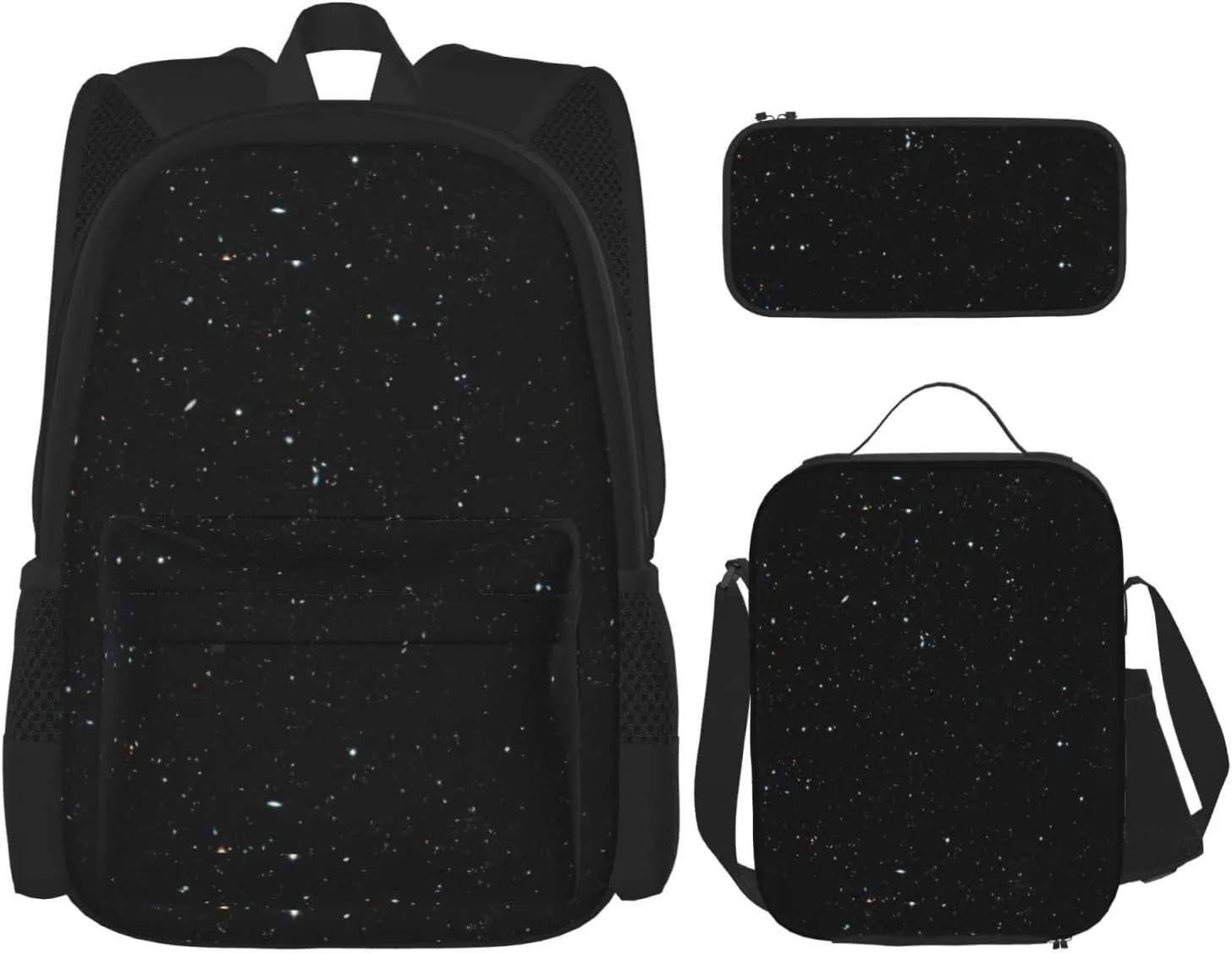 Black Glitter Print Versatile Adjustable Shoulder Fashion Backpack Lunch Bag Pencil Case Large Capacity