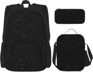 Black Glitter Print Versatile Adjustable Shoulder Fashion Backpack Lunch Bag Pencil Case Large Capacity