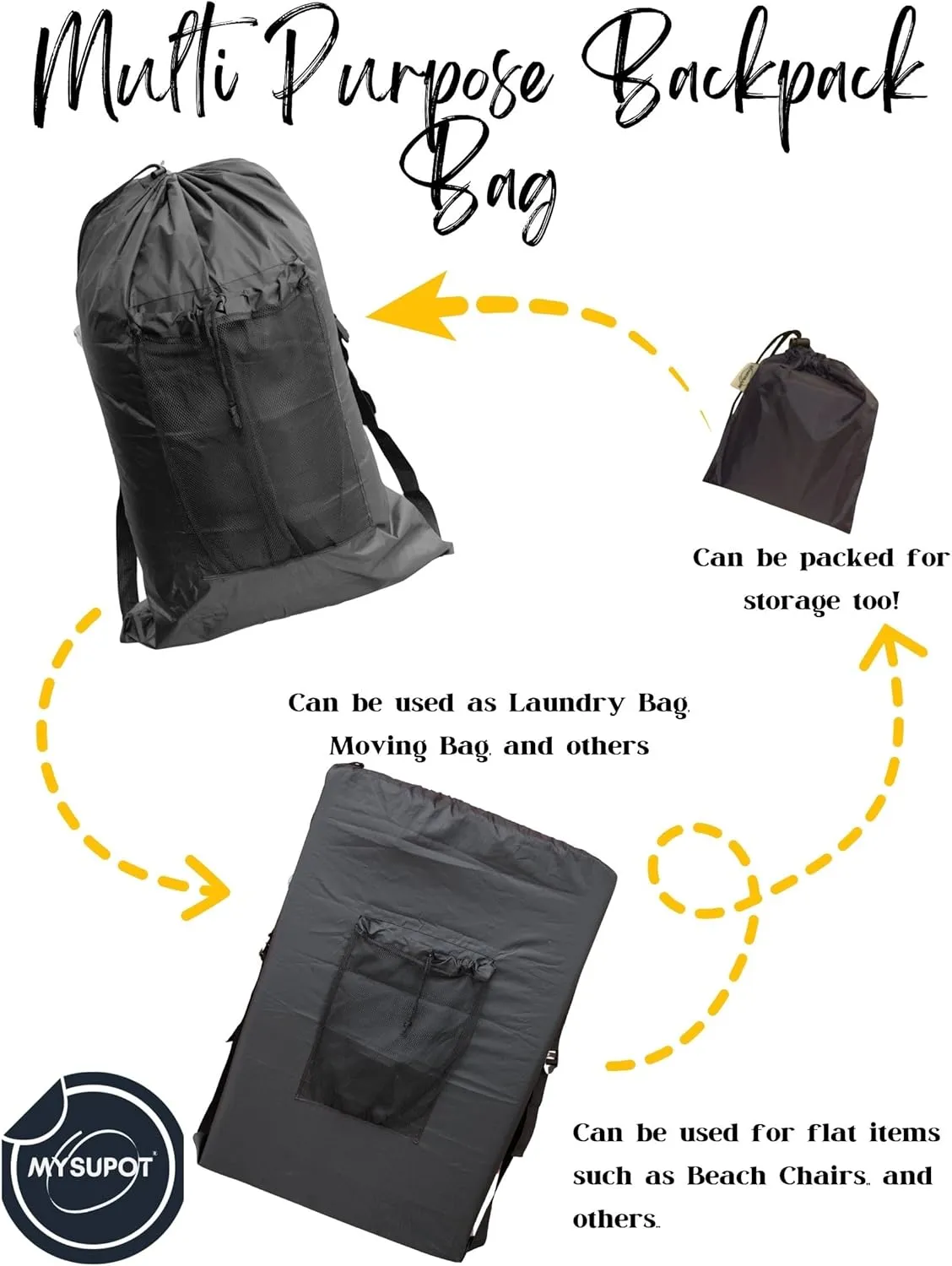 BLACK (Large 36"x24"x6") Beach Chair Bag. For Lawn Chair, Recliner, Director Chair, Camping Chair, Booster Car Seat, Laundry. 420D Polyester Backpack w/Adjustable Straps & Mesh Pocket