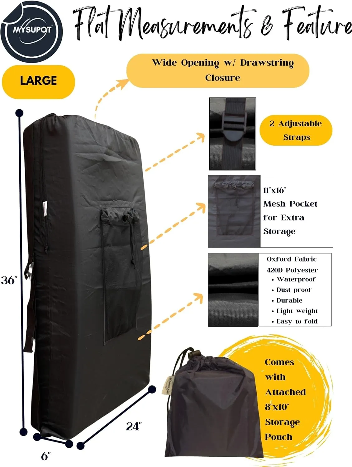 BLACK (Large 36"x24"x6") Beach Chair Bag. For Lawn Chair, Recliner, Director Chair, Camping Chair, Booster Car Seat, Laundry. 420D Polyester Backpack w/Adjustable Straps & Mesh Pocket