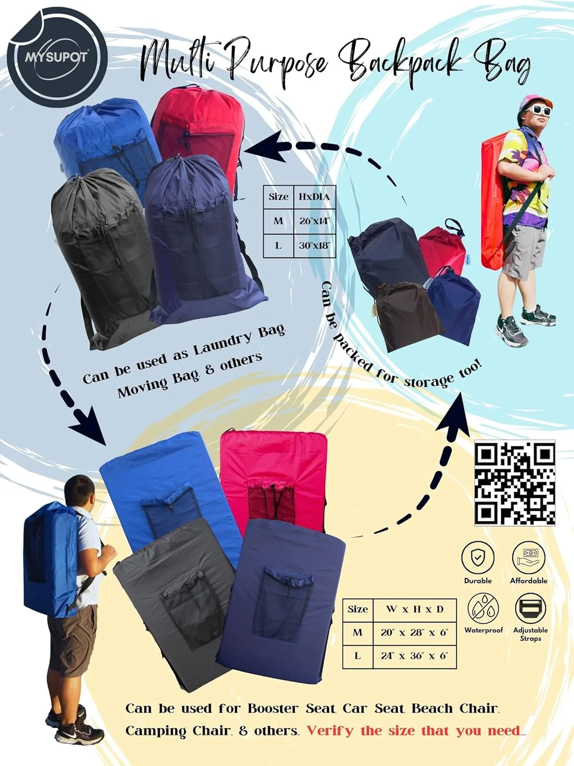BLACK (Large 36"x24"x6") Beach Chair Bag. For Lawn Chair, Recliner, Director Chair, Camping Chair, Booster Car Seat, Laundry. 420D Polyester Backpack w/Adjustable Straps & Mesh Pocket