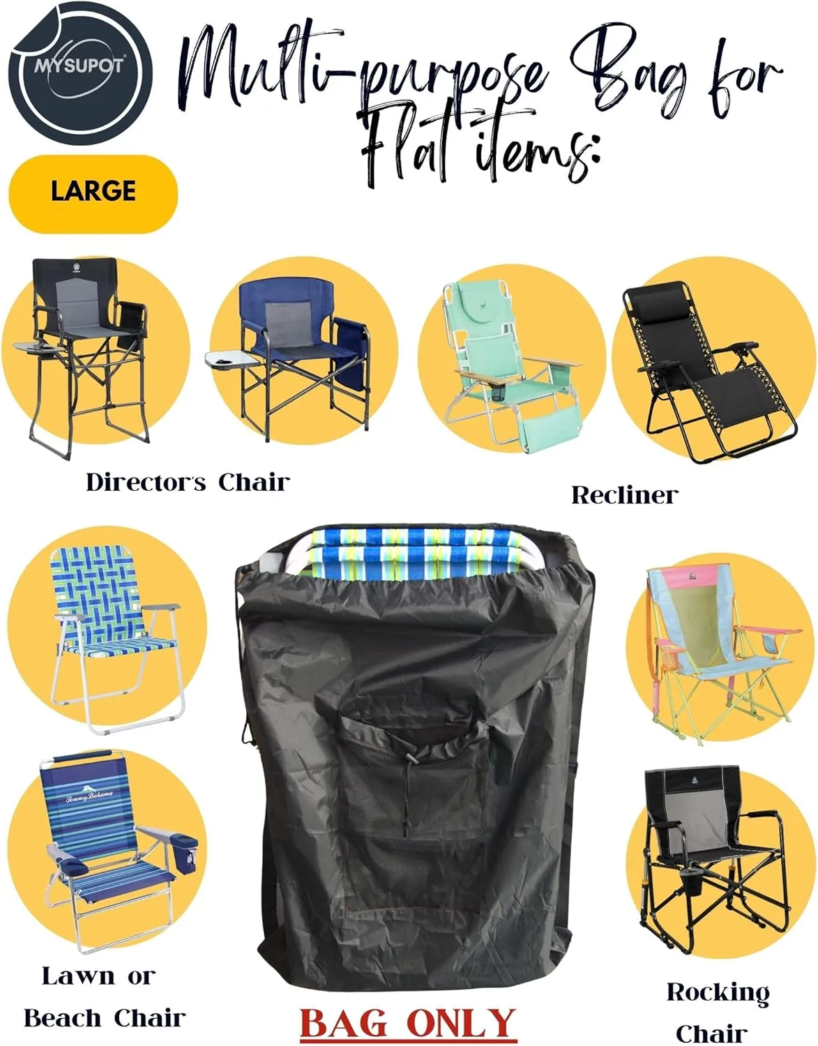 BLACK (Large 36"x24"x6") Beach Chair Bag. For Lawn Chair, Recliner, Director Chair, Camping Chair, Booster Car Seat, Laundry. 420D Polyester Backpack w/Adjustable Straps & Mesh Pocket