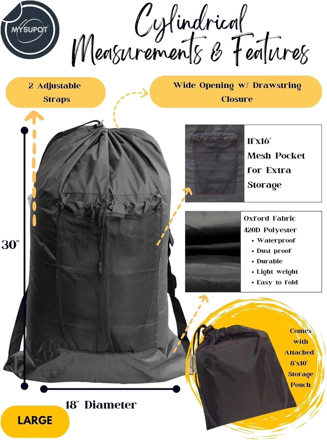 BLACK (Large 36"x24"x6") Beach Chair Bag. For Lawn Chair, Recliner, Director Chair, Camping Chair, Booster Car Seat, Laundry. 420D Polyester Backpack w/Adjustable Straps & Mesh Pocket