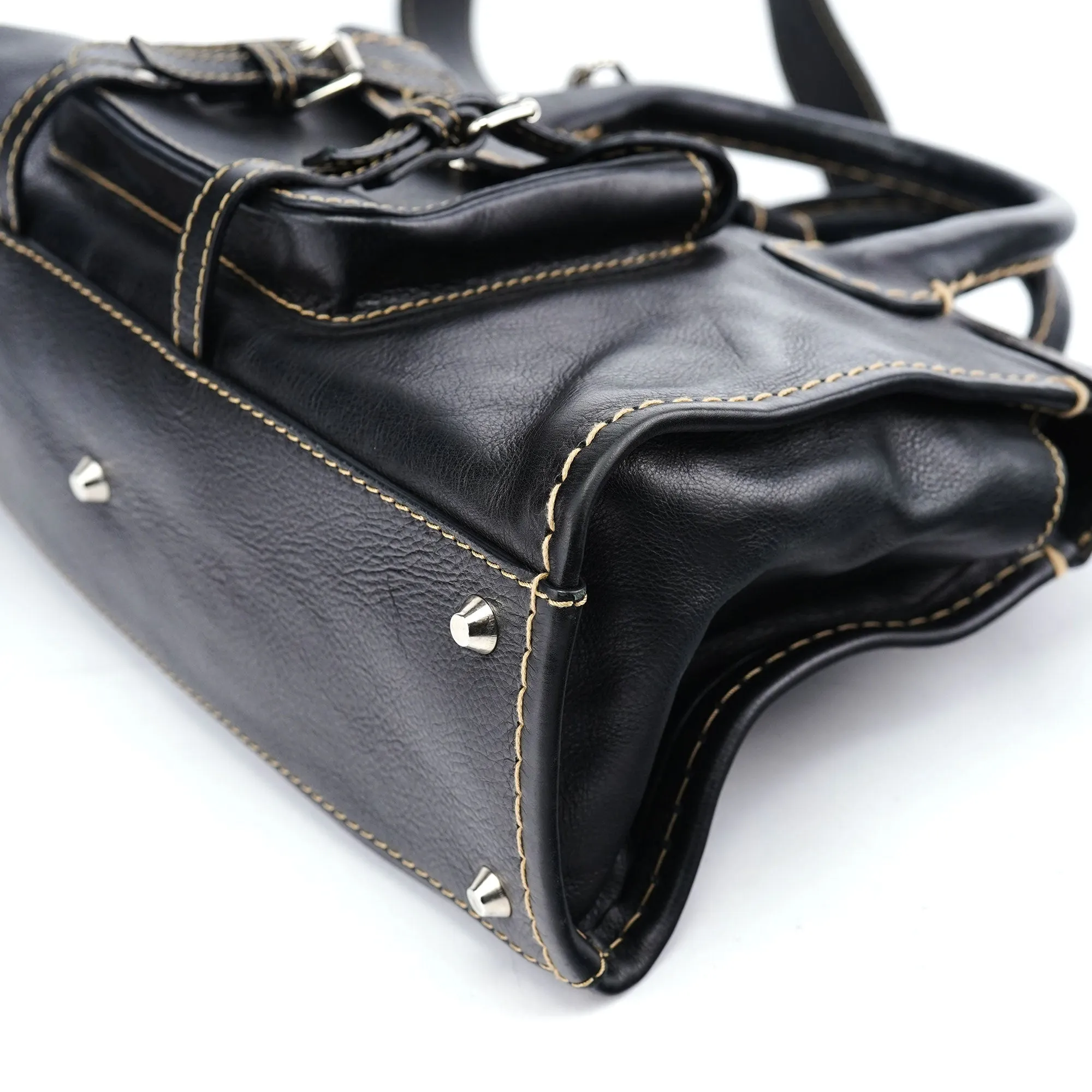 Black Leather Edith 2-Way Tote Bag