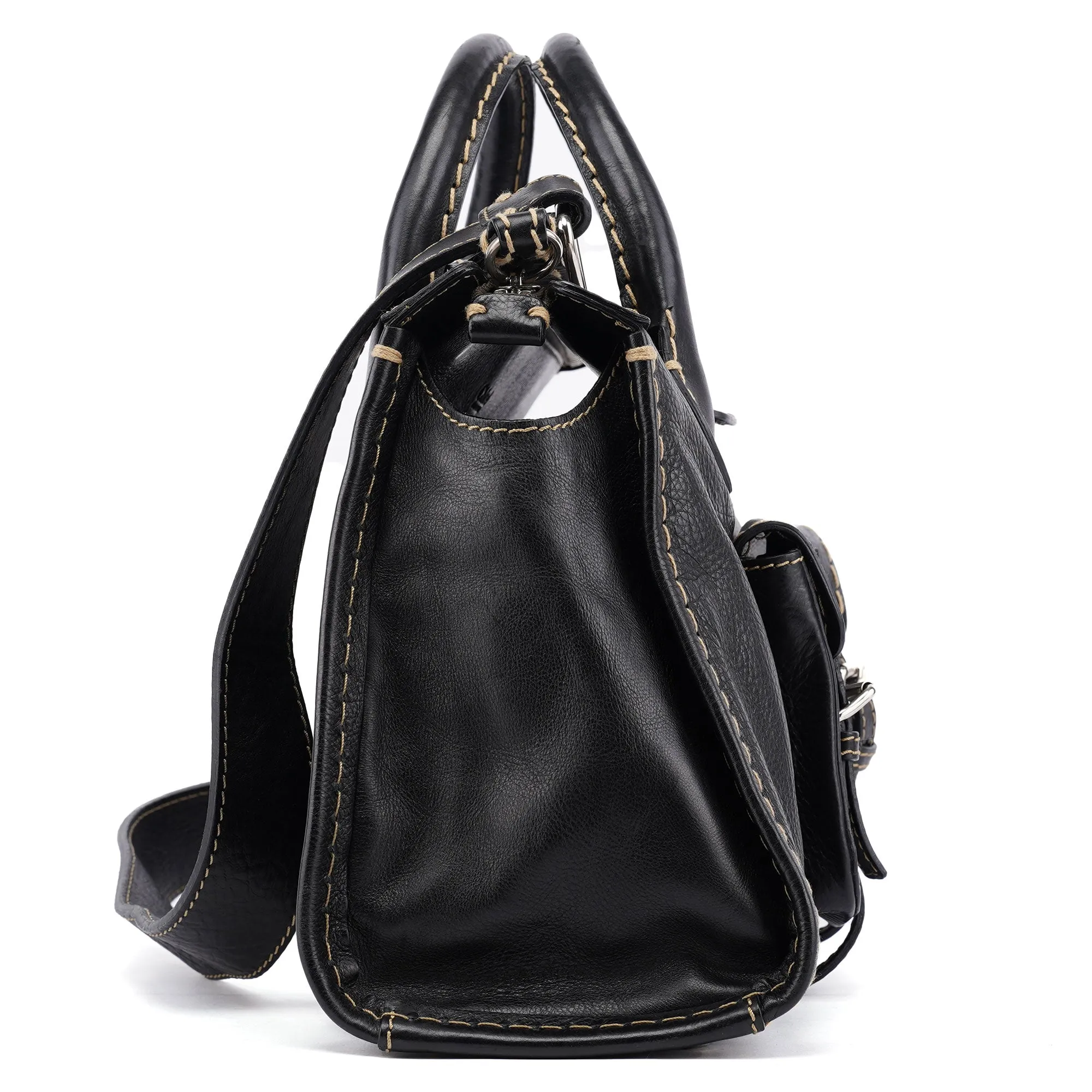 Black Leather Edith 2-Way Tote Bag