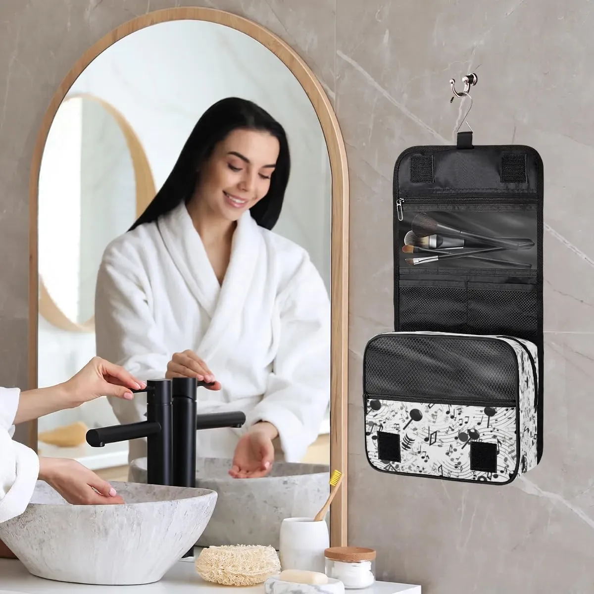 Black Musical Notes Hanging Toiletry Bag Waterproof Makeup Cosmetic Bag Travel Bag Organizer for Accessories Shampoo Full Sized Container Travel-Essentials Toiletry Bag