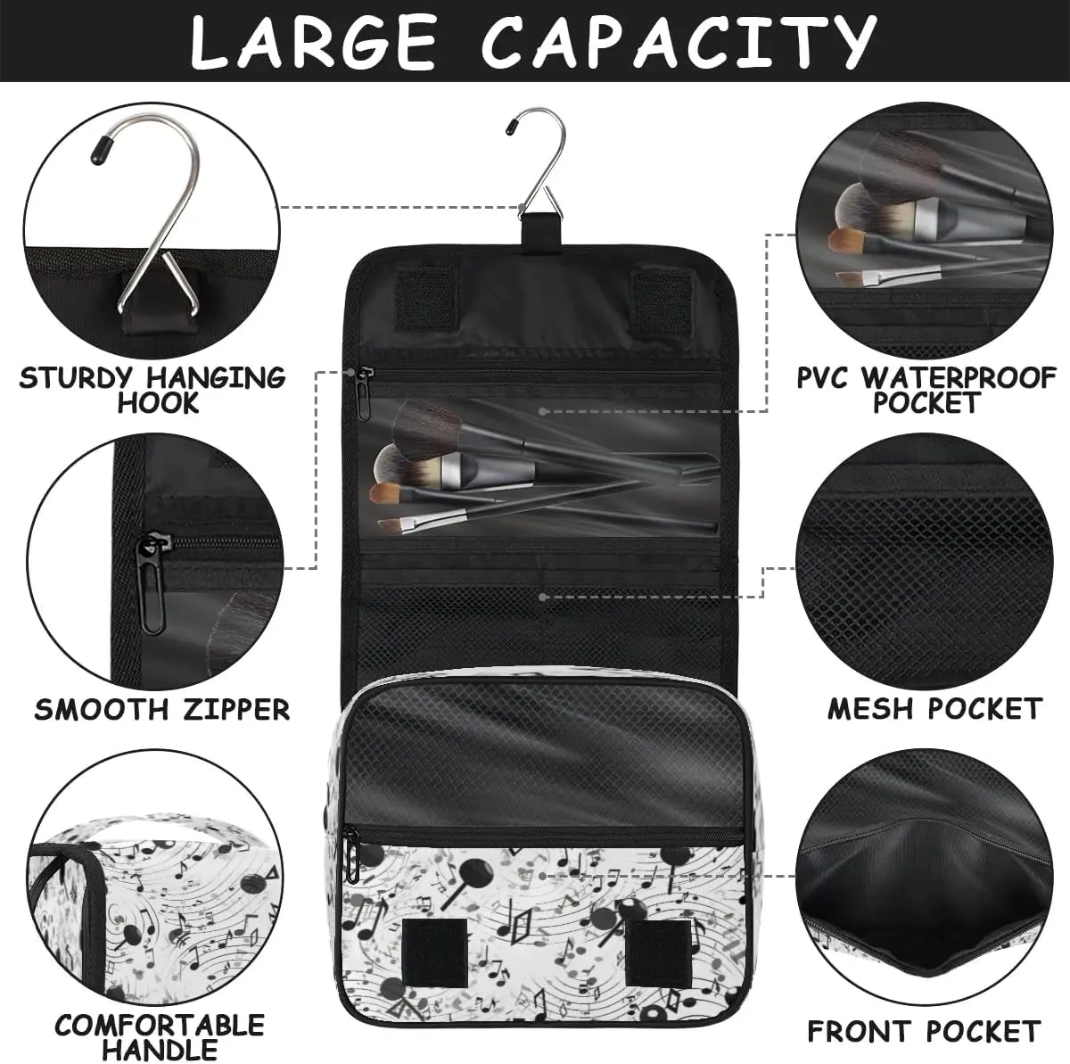 Black Musical Notes Hanging Toiletry Bag Waterproof Makeup Cosmetic Bag Travel Bag Organizer for Accessories Shampoo Full Sized Container Travel-Essentials Toiletry Bag