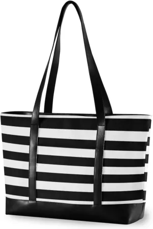 Black White Stripes Tote Bag with Zipper Work Shoulder Handbag with Compartments Canvas Tote Purse for Travel Women
