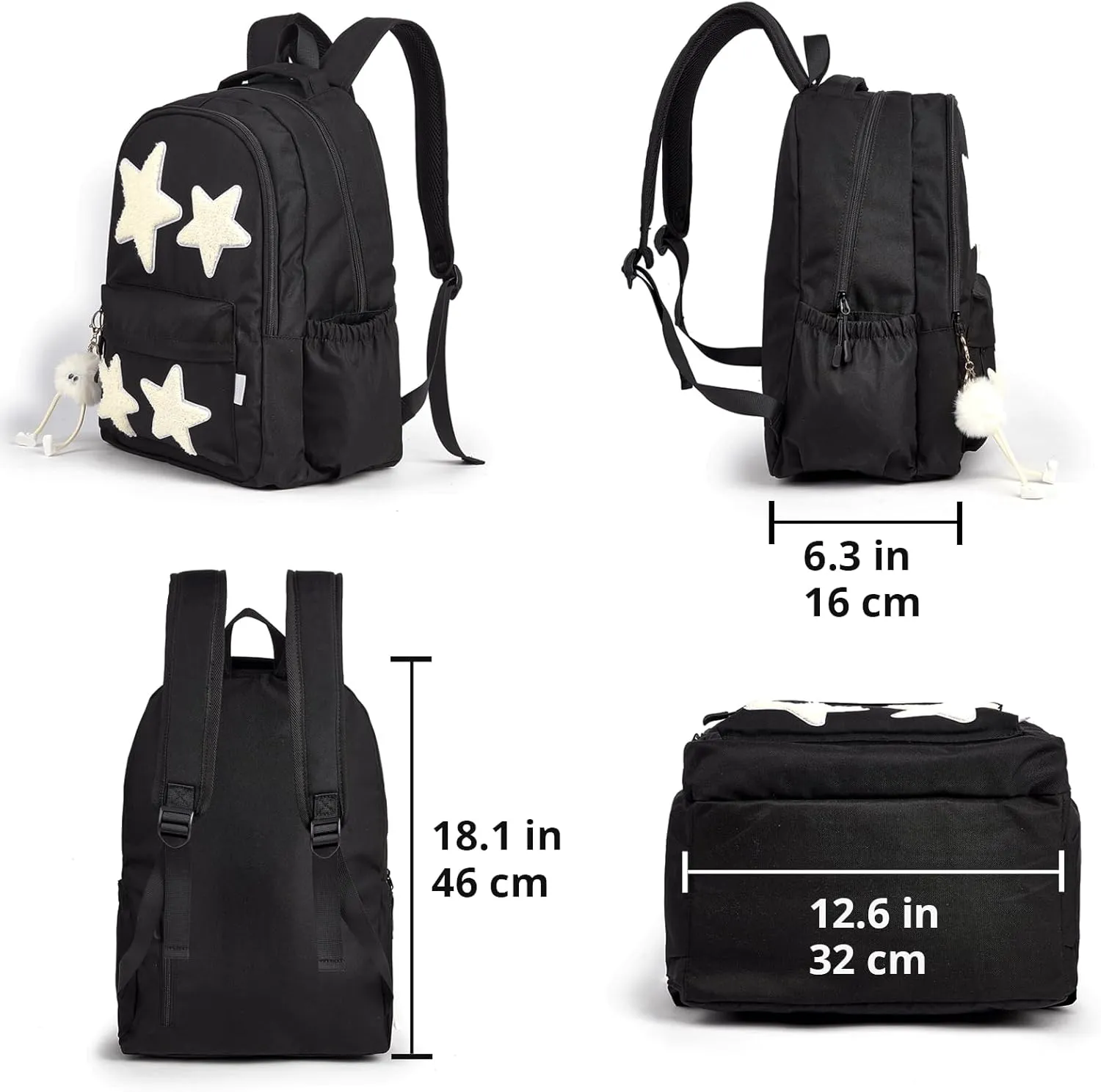 Black Y2K Backpack with Cute Plush Accessories Emo Star Preppy School Bookbag Girls Boys Grunge Aesthetic Backpacks for Kids