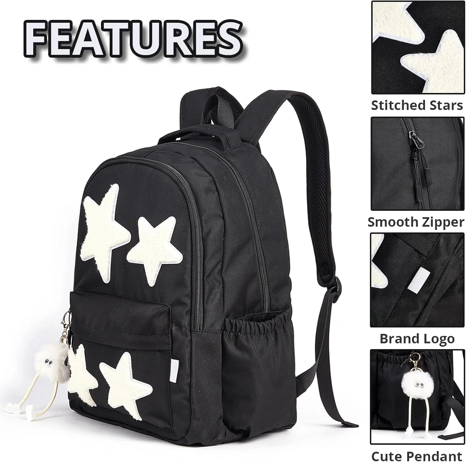 Black Y2K Backpack with Cute Plush Accessories Emo Star Preppy School Bookbag Girls Boys Grunge Aesthetic Backpacks for Kids