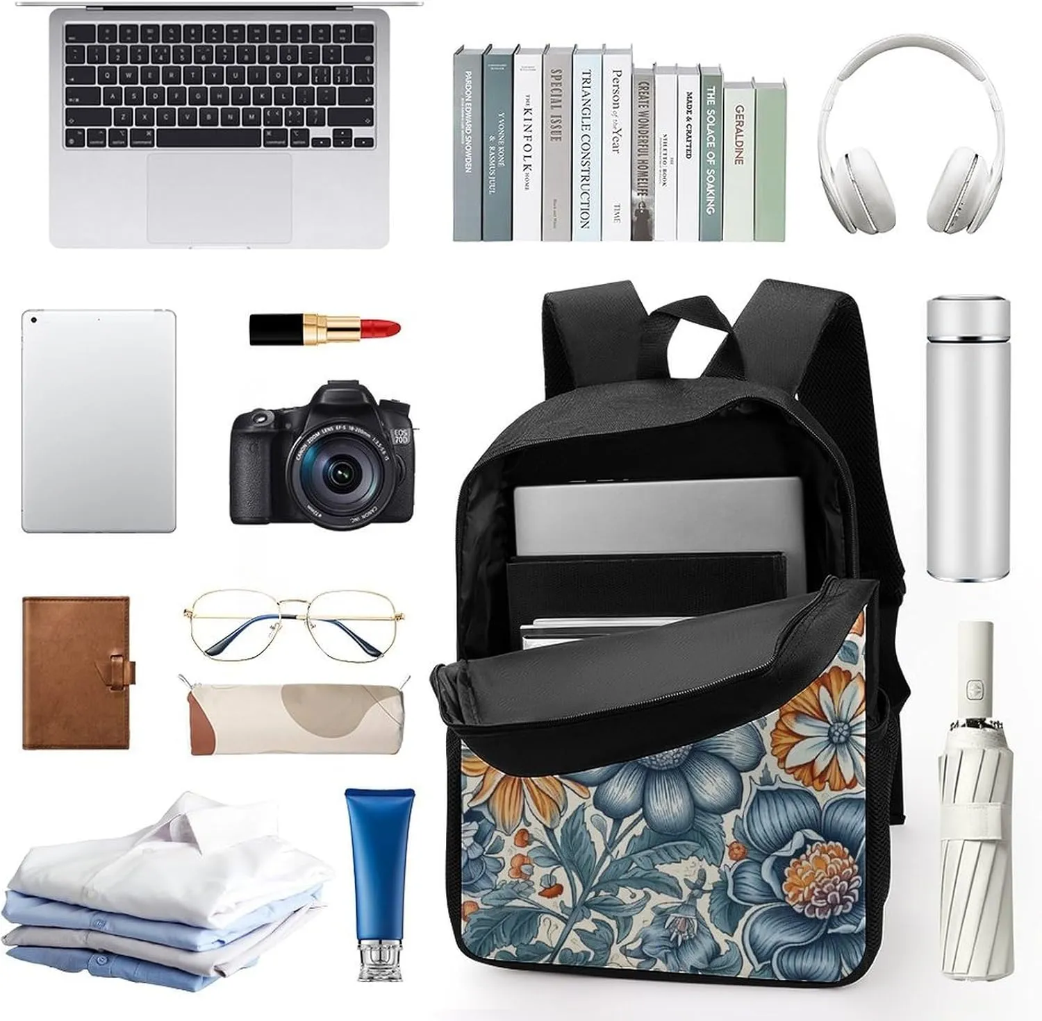Blue And Orange Flowers Backpack Lightweight Casual Laptop Business Daypack Travel Daypack for Women Men