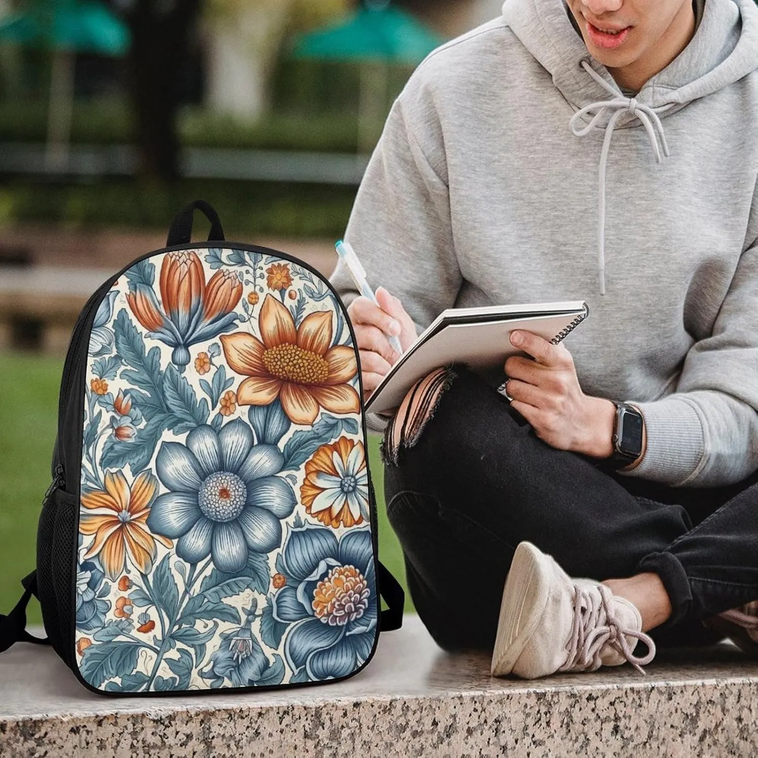 Blue And Orange Flowers Backpack Lightweight Casual Laptop Business Daypack Travel Daypack for Women Men