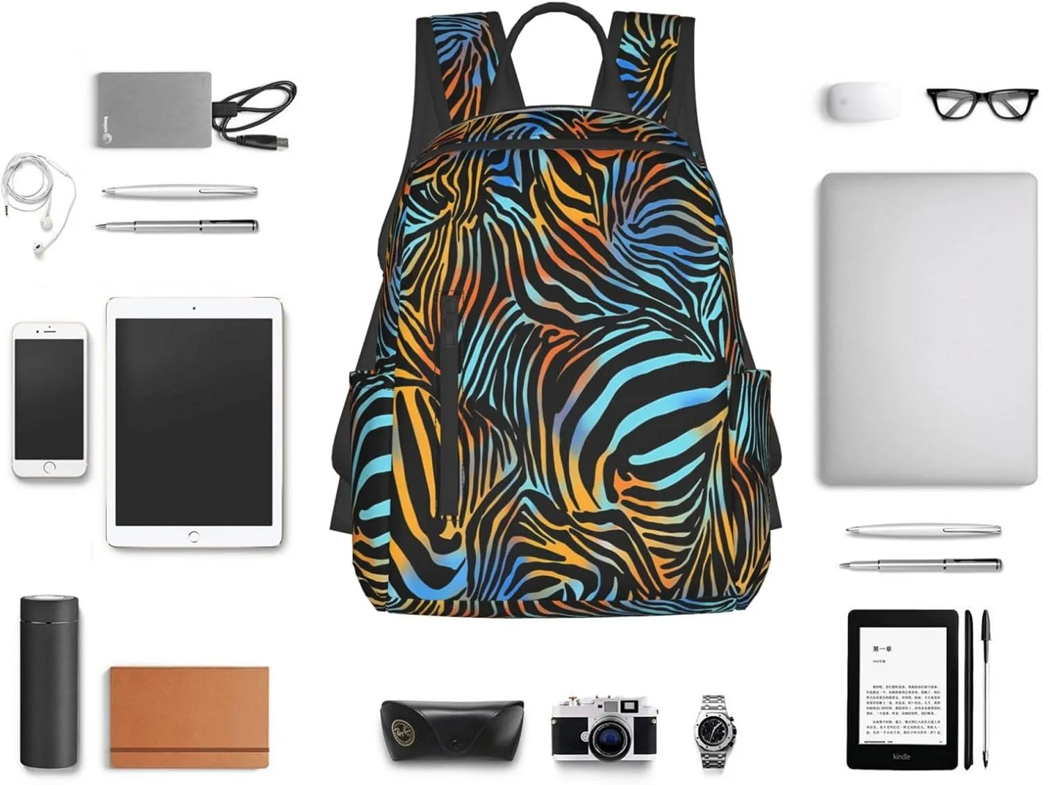 Blue Brown Zebra Stripe Casual Backpacks Large Capacity Laptop Backpack Sports Rucksack Travel Daypack Adjustable Shoulder Strap Work Bag for Outdoor Camping