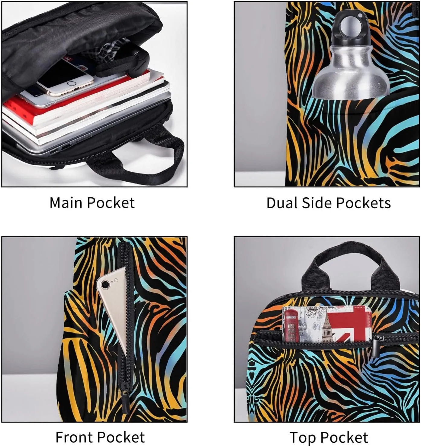 Blue Brown Zebra Stripe Casual Backpacks Large Capacity Laptop Backpack Sports Rucksack Travel Daypack Adjustable Shoulder Strap Work Bag for Outdoor Camping