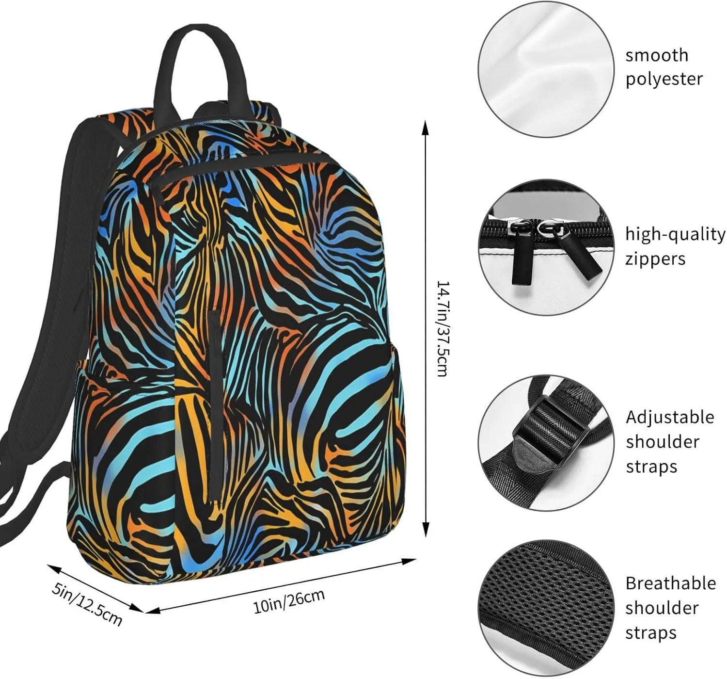 Blue Brown Zebra Stripe Casual Backpacks Large Capacity Laptop Backpack Sports Rucksack Travel Daypack Adjustable Shoulder Strap Work Bag for Outdoor Camping