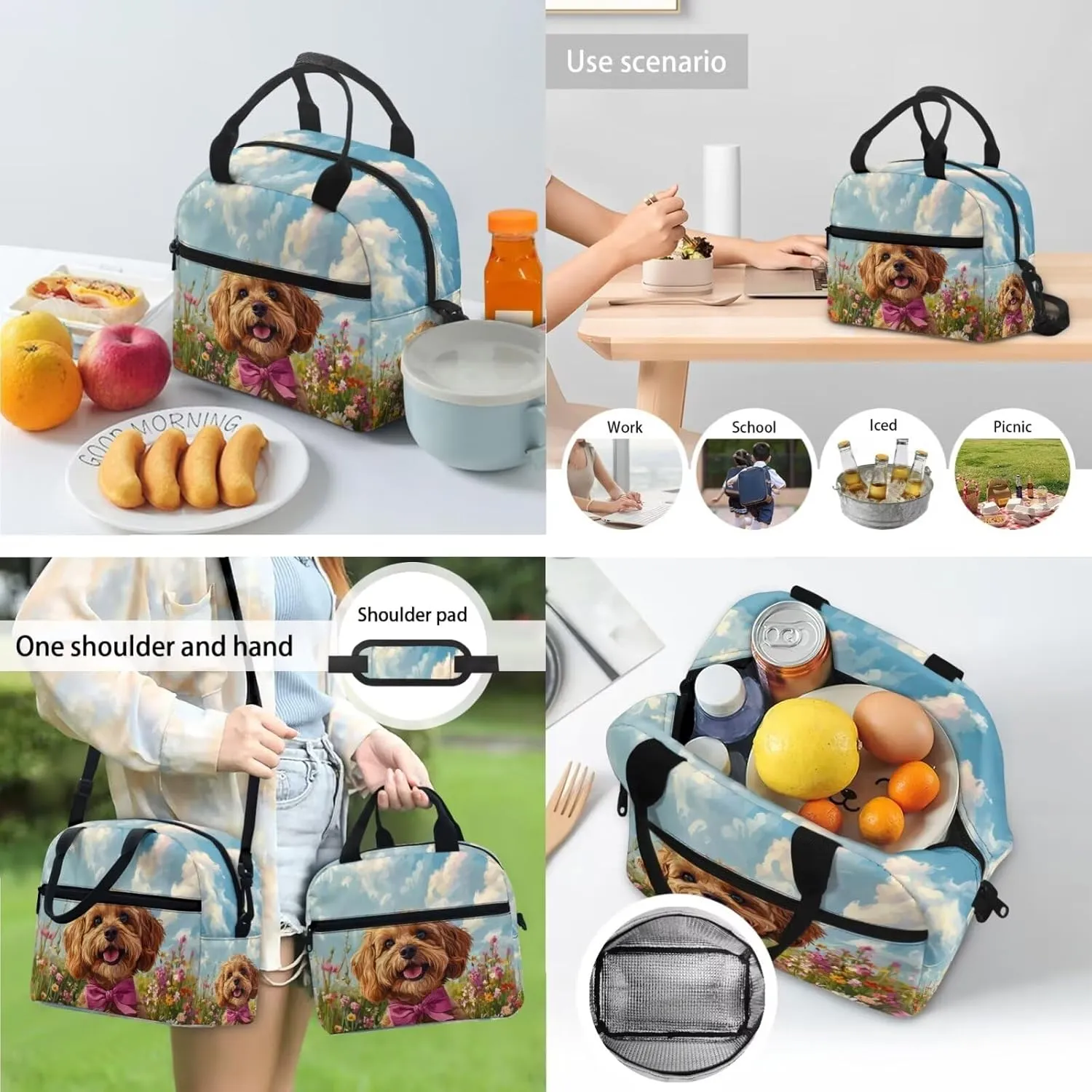 Blue Sky Dog Bookbag for Girls Kids Backpack and Lunch Box Set 2 Piece Bookmarks and Novelty Pencil Box 4 in 1 Sets Boys 7th Grade School Bag with Compartment Soft Back Packs